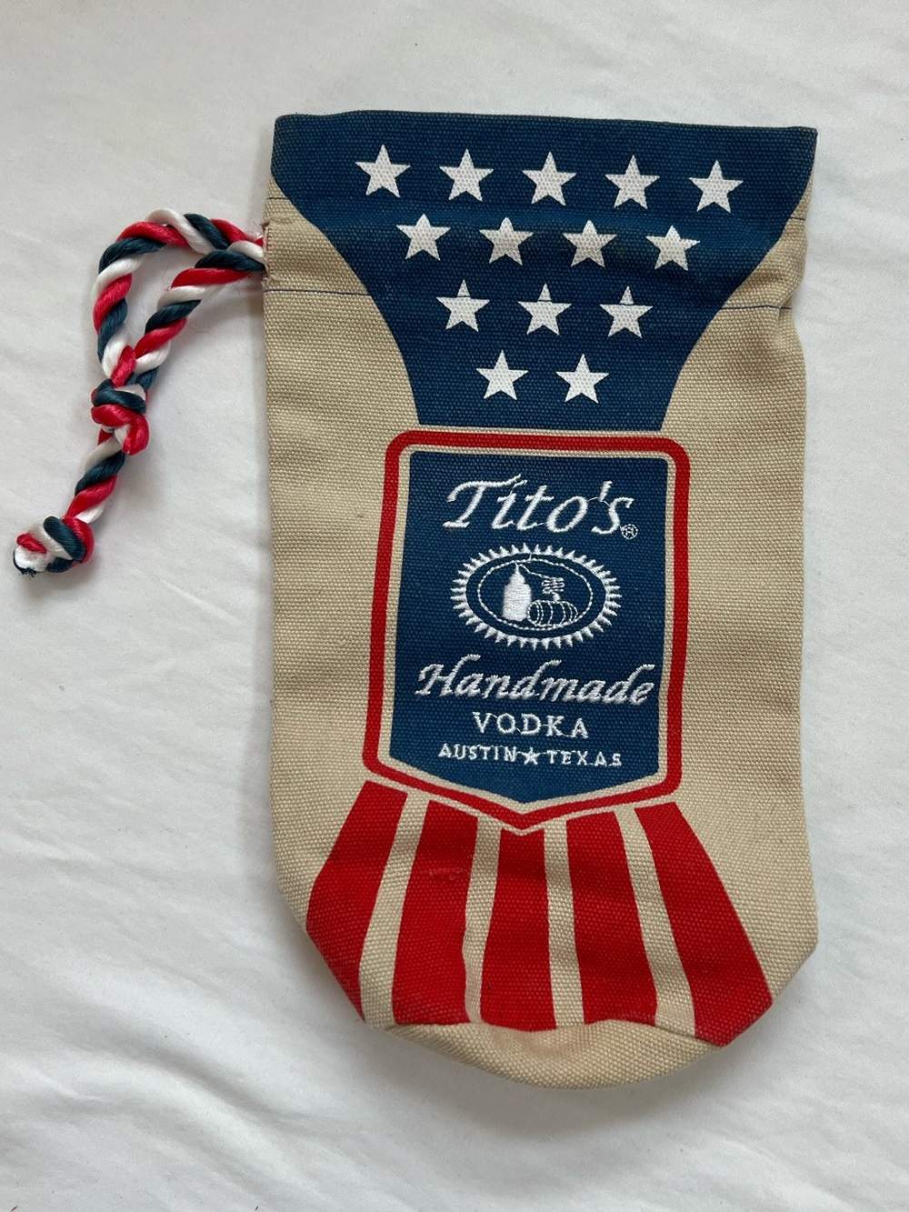 Tito's Handmade Vodka American Flag Burlap Bottle Bag 25 Years Austin Texas